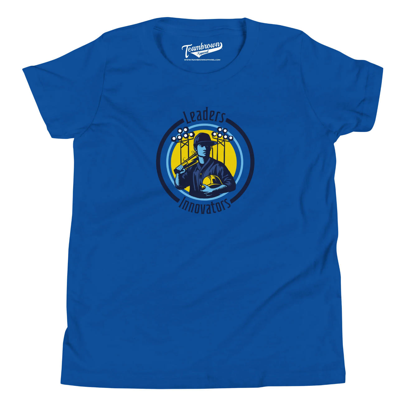 Blue t-shirt featuring a graphic design of a baseball player under stadium lights with the words "Leaders Innovators" surrounding the image.
