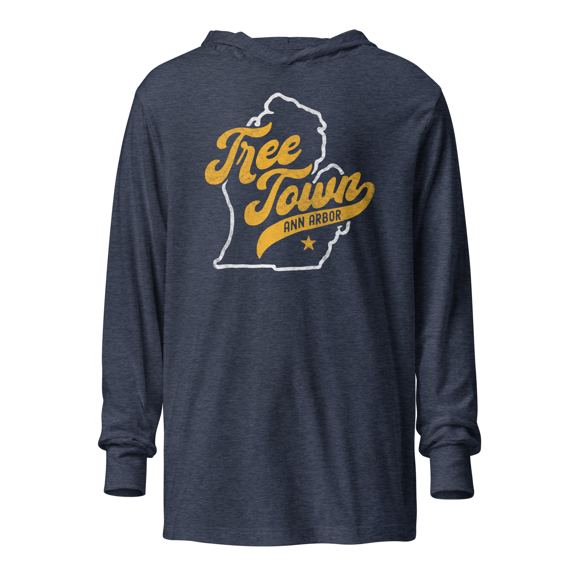 unisex hooded long sleeve tee heather navy front